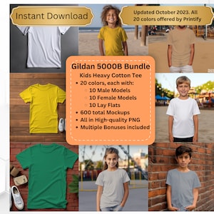 Könnte beinhalten: Ein Bundle mit Gildan 5000B Kids Heavy Cotton Tee Mockups. Das Bundle enthält 20 Farben, 10 männliche Modelle, 10 weibliche Modelle, 10 Lay Flats, 600 Mockups insgesamt, alle in hochwertiger PNG-Qualität. Mehrere Boni sind enthalten.