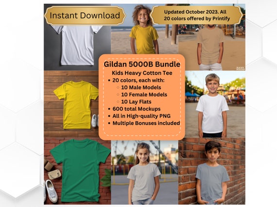 Gildan 5000B Kids Heavy Cotton Tee mockups. 600 Gildan 5000B mockups with boy, girl, and Lay-flat mockups. Boy mockups, Girl Mockups,