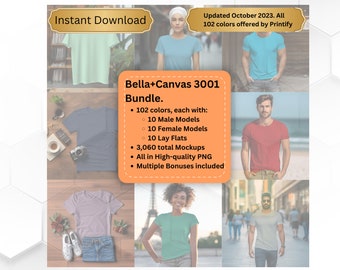 Bella Canvas 3001 Mockup Bundle. 102 Colors. 3060 Mockups. 3001 Tshirt Bundle, Men’s mockup, women’s mockup, lay-flat mockups, lifestyle