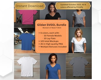 Gildan 5V00L dames T-shirt met V-hals en lay-flat mockupbundel. 1200 Gildan 5V00L mockups met V-hals. Gildan mockupbundel
