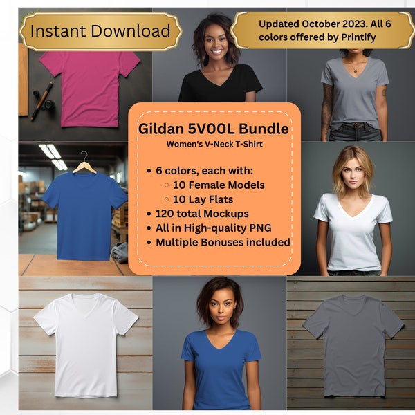 Gildan 5V00L Women’s V-Neck T-Shirt and Lay-Flat mockup bundle. 1200 Gildan 5V00L V-Neck mockups. Gildan mockup bundle