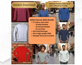 Bella Canvas 3501 mockupbundel. 17 kleuren. 510 proefmodellen. Mannelijke mockup, vrouwelijke mockup, platliggende mockup. Unisex jersey T-shirt met lange mouwen.