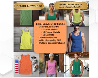 Bella Canvas 3480 unisex jersey tankmodelbundel. 26 kleuren. 780 proefmodellen. Mannelijke vrouwelijke en lay-flatmodellen. 26 kleuren verkocht door Printify.