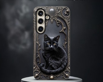 Funda para teléfono con diseño de gato negro gótico: diseño felino místico y elegante