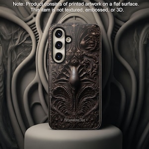 May include: A brown phone case with a detailed, ornate design. The case features a complex pattern with a central, vertical element and the words "Personalized Text" at the bottom. The product consists of printed artwork on a flat surface.