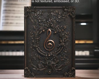 May include: A rectangular artwork featuring a bronze treble clef within a floral wreath, set against a dark, textured background. The artwork has a decorative frame. The text at the top says: Product consists of printed artwork on a flat surface.