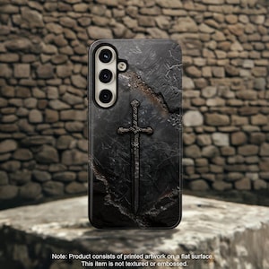 May include: Black phone case with a textured stone design and a silver sword graphic.