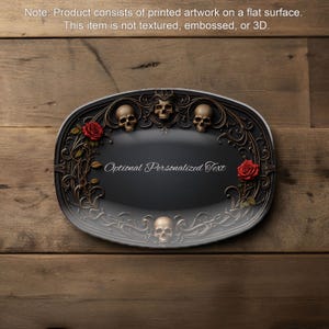May include: Black oval serving tray with a gold ornate design featuring skulls and roses. The text "Optional Personalized Text" is printed in the centre of the tray.