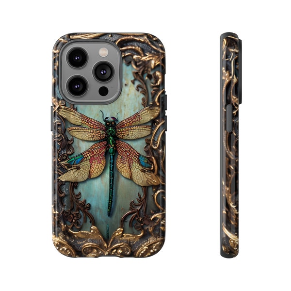 Phone Case - Dragonfly Case - For iPhone, Samsung Galaxy, Google Pixel Devices, Nature Spring Ornate Design Insects Golden Trim