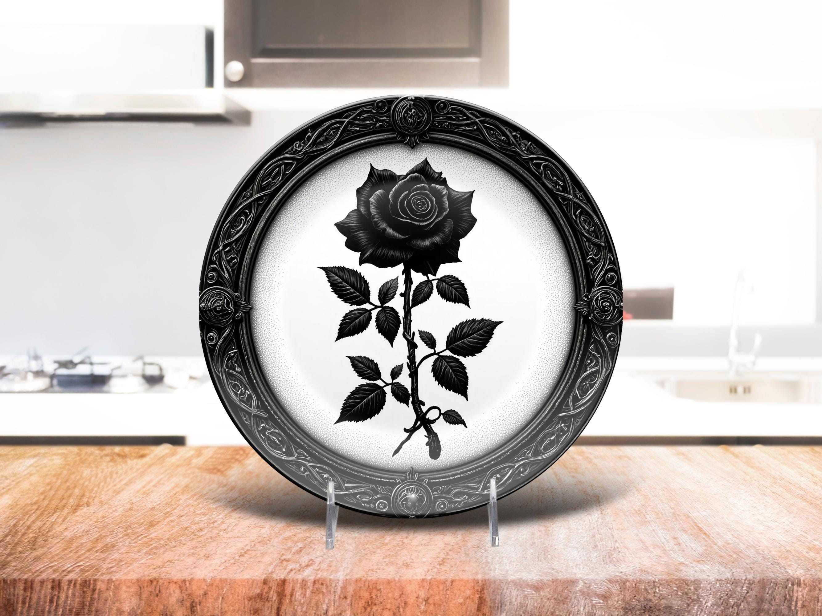 Gothic Black Rose Plate Dark Floral Dinnerware With Ornate