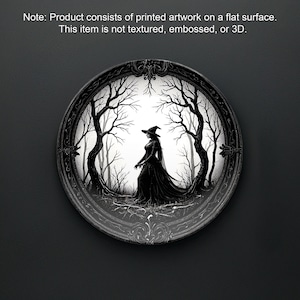 May include: Black and white illustration of a witch walking through a forest. The witch is wearing a long dress and a pointed hat. The forest is dark and mysterious. The image is printed on a round ceramic plate with a decorative border.