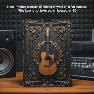 May include: A vintage-style framed print of an acoustic guitar with a gold ornate frame and a black background. The guitar is brown with a black pickguard.