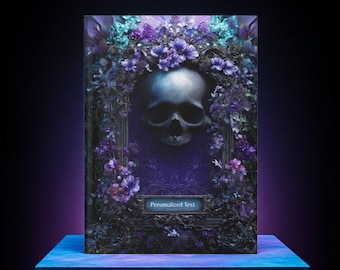 May include: A dark, gothic-themed book cover featuring a skull surrounded by purple and teal flowers. The skull is framed by a decorative border, with the words "Personalized Text" at the bottom. The product consists of printed artwork on a flat surface.