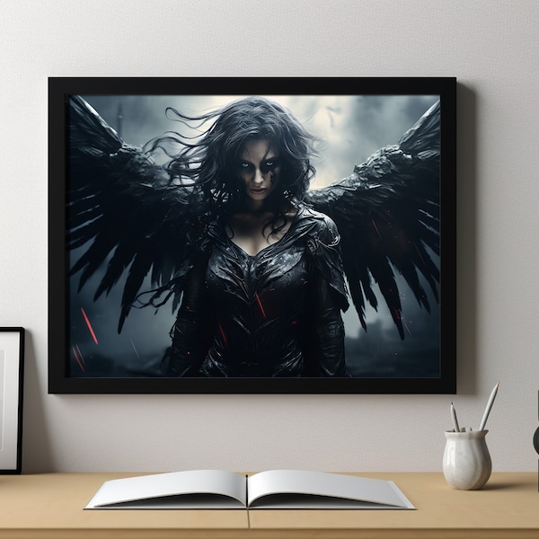 Printable Artwork, The Dark Angel, Fantasy Art Horror Art Angelic Gothic Wings Black Leather Goth