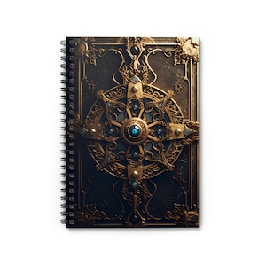 Peut inclure: Un carnet à spirales avec une couverture marron foncé ornée d'un motif doré et d'un bijou bleu au centre.