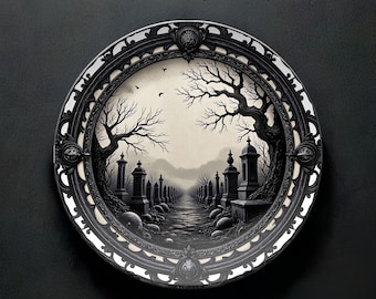 Puede incluir: Plato de cerámica blanco y negro con un borde decorativo y una imagen impresa de un cementerio con árboles y un camino que conduce a un horizonte brumoso.