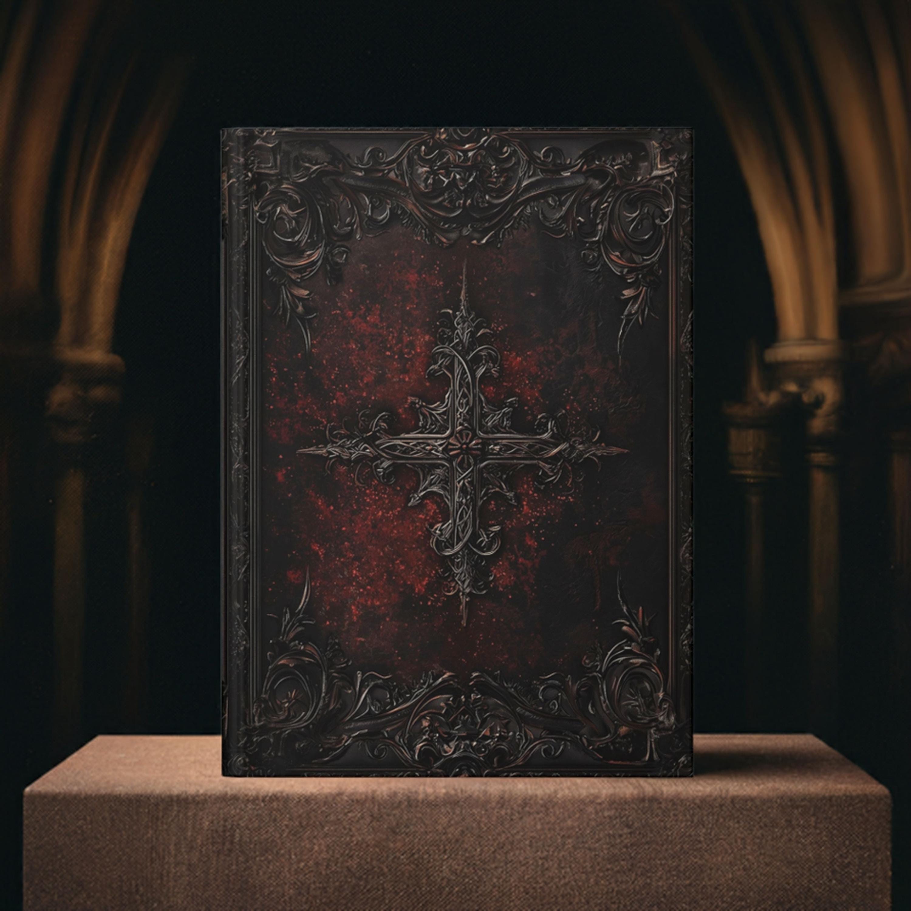 Dark Gothic Cross Notebook with Intricate Red Cover