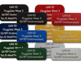 Gravier-Helden - Drohnen-Kennzeichen oder e-ID, 30x10mm oder 31x19mm, 3 oder 4 Zeilen, Aluminium eloxiert in verschiedenen Farben