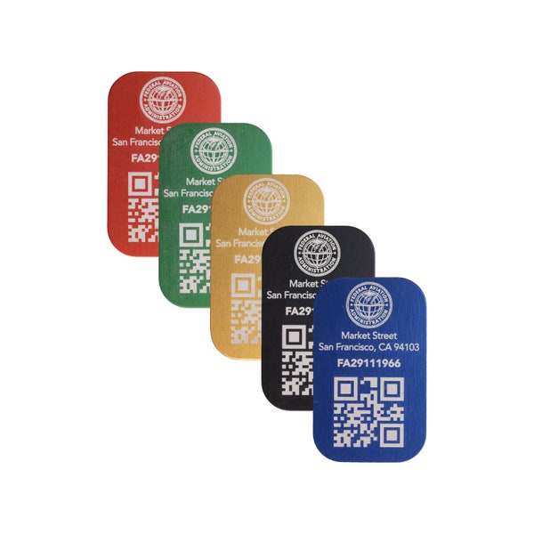 FAA Registration Plate for Drones, QR Code with 2 address lines, 31 x 19 mm anodized aluminum plate in different colors with FAA Logo