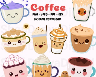 Kawaii Coffee Clipart Bundle Cute PNG Digital Art Latte Hot Chocolate Coffee Mug - Cute Graphics For Planners Journals Stickers Banners PDF