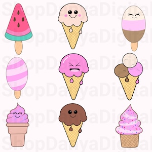 Kawaii Ice Cream Clipart Bundle Cono Clipart Ice Cream Scoop Gelateria Negozio Summer Clipart Digital Set Download istantaneo
