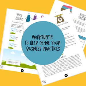 Peut inclure: Une feuille de travail bleue et blanche avec le texte "Worksheets to Help Define Your Business Practices". La feuille de travail porte sur la d&eacute;finition des pratiques commerciales et comprend une balance, une personne portant un tablier et un organigramme.
