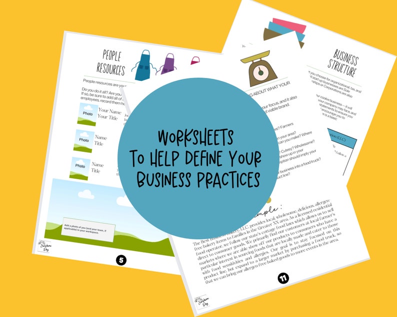 Peut inclure: Une feuille de travail bleue et blanche avec le texte "Worksheets to Help Define Your Business Practices". La feuille de travail porte sur la d&eacute;finition des pratiques commerciales et comprend une balance, une personne portant un tablier et un organigramme.