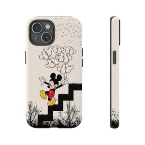 May include: A white phone case with a black outline of Mickey Mouse walking up a staircase. Mickey is holding a bunch of balloons. The background is a light beige color with black birds flying in the air.