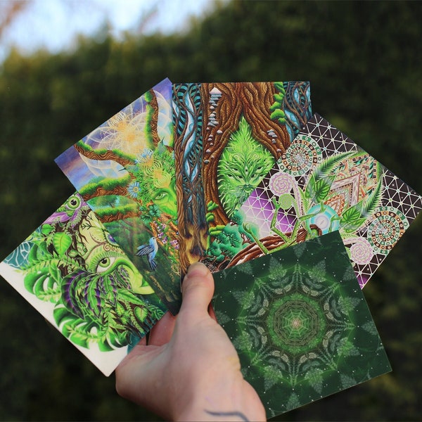 5 Cards Set Green Love, Nature Plant Goddess, Open Heart Medicine, Nature Harmony, Deep Woods Creations, Lovely Gift Cards, Peaceful Art