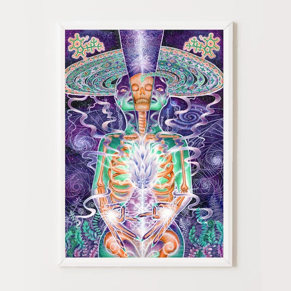 Inner Bloom Art Canvas Poster, Open Heart Flower, Cosmic Starry Night, Sacred Geometry, Ayahuasca Serpent, Multidimentional Gift, Hall Decor