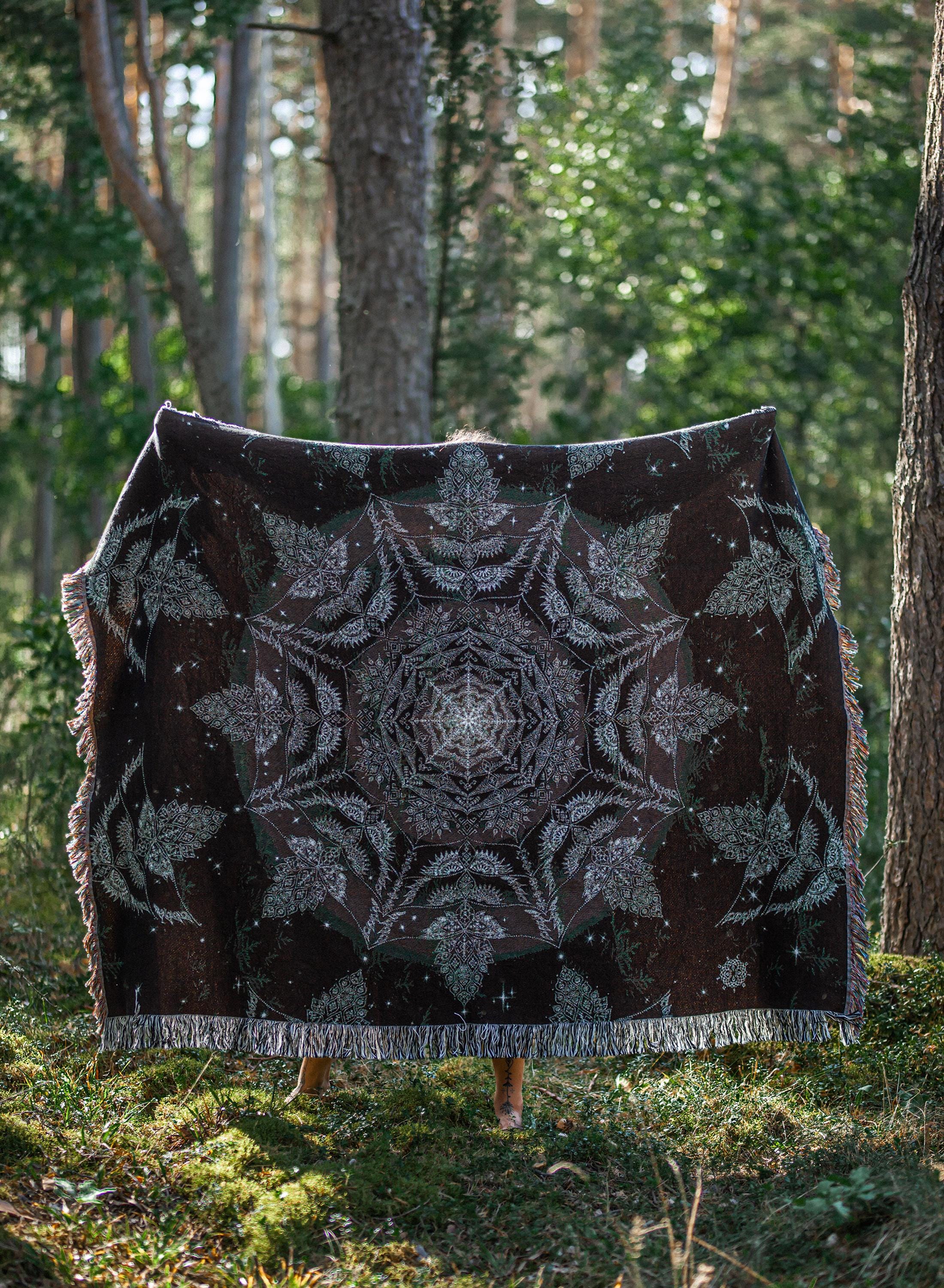 Dark Green Forest Owl Mandala Woven Throw Blanket, Boho Cotton Tapestry, Shipped From US