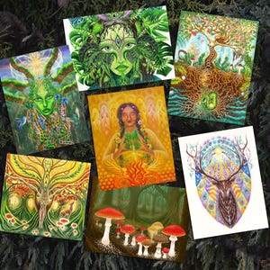 Set di 7 carte Spiriti della foresta, vivace, dettagliato, spirituale, set di carte artistiche ispirate alla natura, regalo caldo unico, creazione simmetrica di Anima