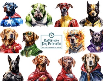 Watercolor Superhero Dogs Clipart | 16 PNG Illustrations (Digital Download)