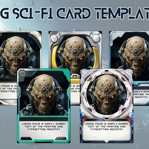 Puede incluir: Cinco plantillas de cartas de juego diferentes con una criatura humanoide futurista, robótica, con un solo ojo brillante. Las cartas tienen un esquema de color plateado, blanco y azul con un marco circular alrededor de la imagen de la criatura. El texto en las cartas dice "Lorem ipsum es simplemente texto ficticio del sector de la impresión y la composición tipográfica."