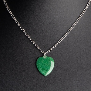Genuine green jade (jadeite) heart pendant on sterling silver Figaro chain - vintage polished natural jade necklace - FREE SHIPPING