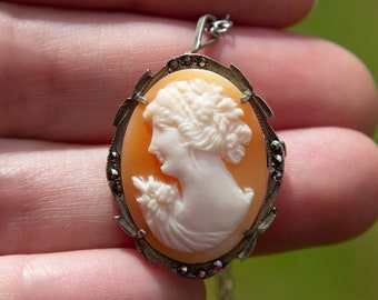 Art Deco 800 silver shell cameo pendant / brooch with marcasites on a sterling silver chain - rarer left-facing profile - FREE SHIPPING