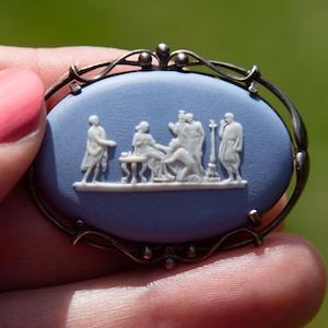 Sterling silver Wedgwood powder blue cameo brooch - 1960s vintage signed English jasperware pin with neoclassical scene from Greek mythology