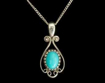 Dainty vintage sterling silver & turquoise pendant necklace - Art Nouveau style - openwork scrolls in 925 silver - FREE SHIPPING