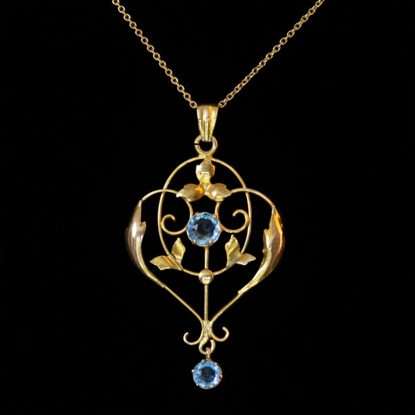 Antique 9ct Art Nouveau necklace, 9k gold Victorian / Edwardian lavalier pendant with blue paste gems, optional 9k chain - FREE SHIPPING