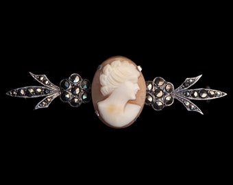 Art Deco sterling silver hand carved shell cameo with sparkly marcasites - dainty brooch with floral design - FREE SHIPPING