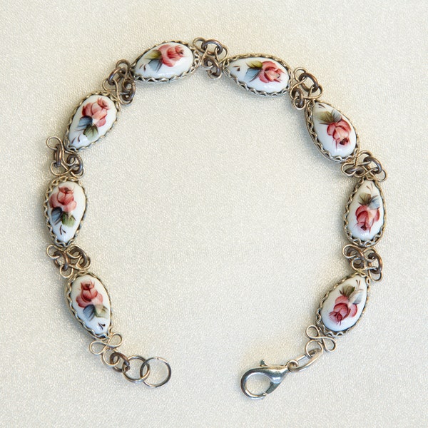 Rostov Finift hand painted Russian enamel bracelet with dusky pink roses - FREE SHIPPING