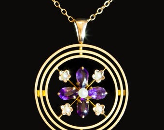 Antiek 9kt goud, amethist en parelbloemhanger, Edwardiaanse 9k gouden cirkelhangerketting begin jaren 1900, bloemontwerp, paarse edelstenen