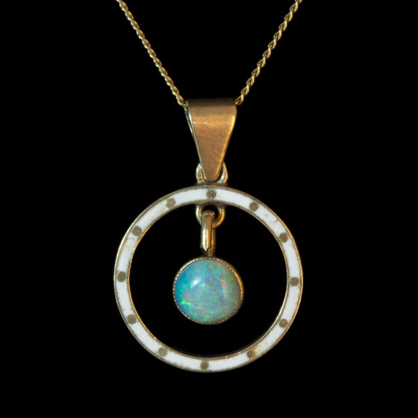 Antique 14ct opal & enamel circle necklace - dainty 14k gold Edwardian pendant, solid crystal opal, optional 8k gold chain, FREE SHIPPING