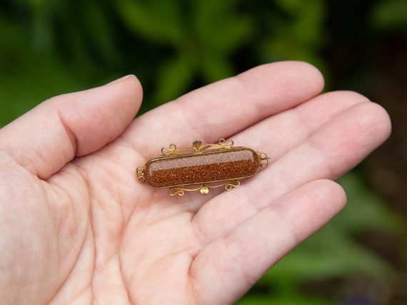 Antique goldstone glass bar brooch - Victorian / … - image 4