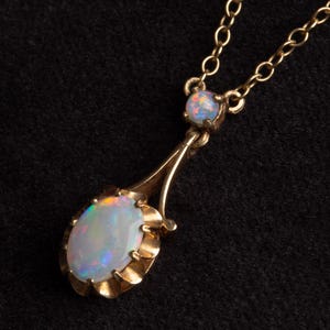 Antique 9ct gold & natural opal necklace - late 1800s 9k gold Victorian lavalier necklace, Australian white opals, vivid flashes of color