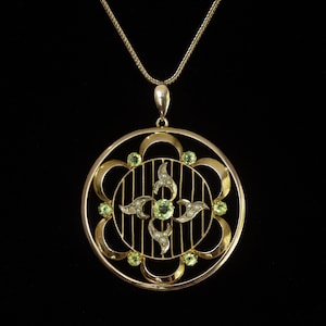 Large antique Edwardian Art Nouveau 9ct / 9k gold necklace, openwork circle pendant with peridot & seed pearl gemstones - FREE SHIPPING