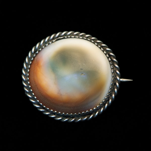 Antique Victorian cat's eye (sea snail operculum) brooch in sterling silver - 1800s evil eye protection jewelry - FREE SHIPPING