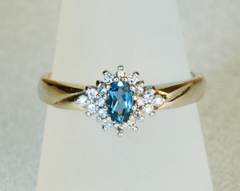 9ct gold topaz & diamond ring - stunning Swiss Blue topaz 9k gold gemstone ring - size P (NZ, Aus, UK), size 7 1/2 (US) - free shipping