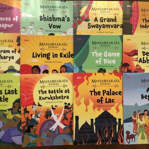 May include: A set of 12 colorful children's books with illustrations and the title "Mahabharata Stories" on each cover. The books tell stories from the Hindu epic Mahabharata.