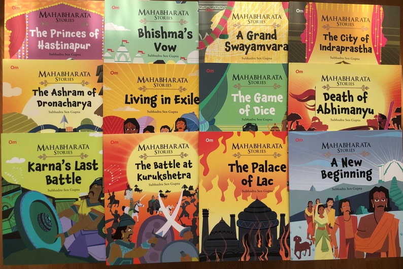 May include: A set of 12 colorful children's books with illustrations and the title "Mahabharata Stories" on each cover. The books tell stories from the Hindu epic Mahabharata.